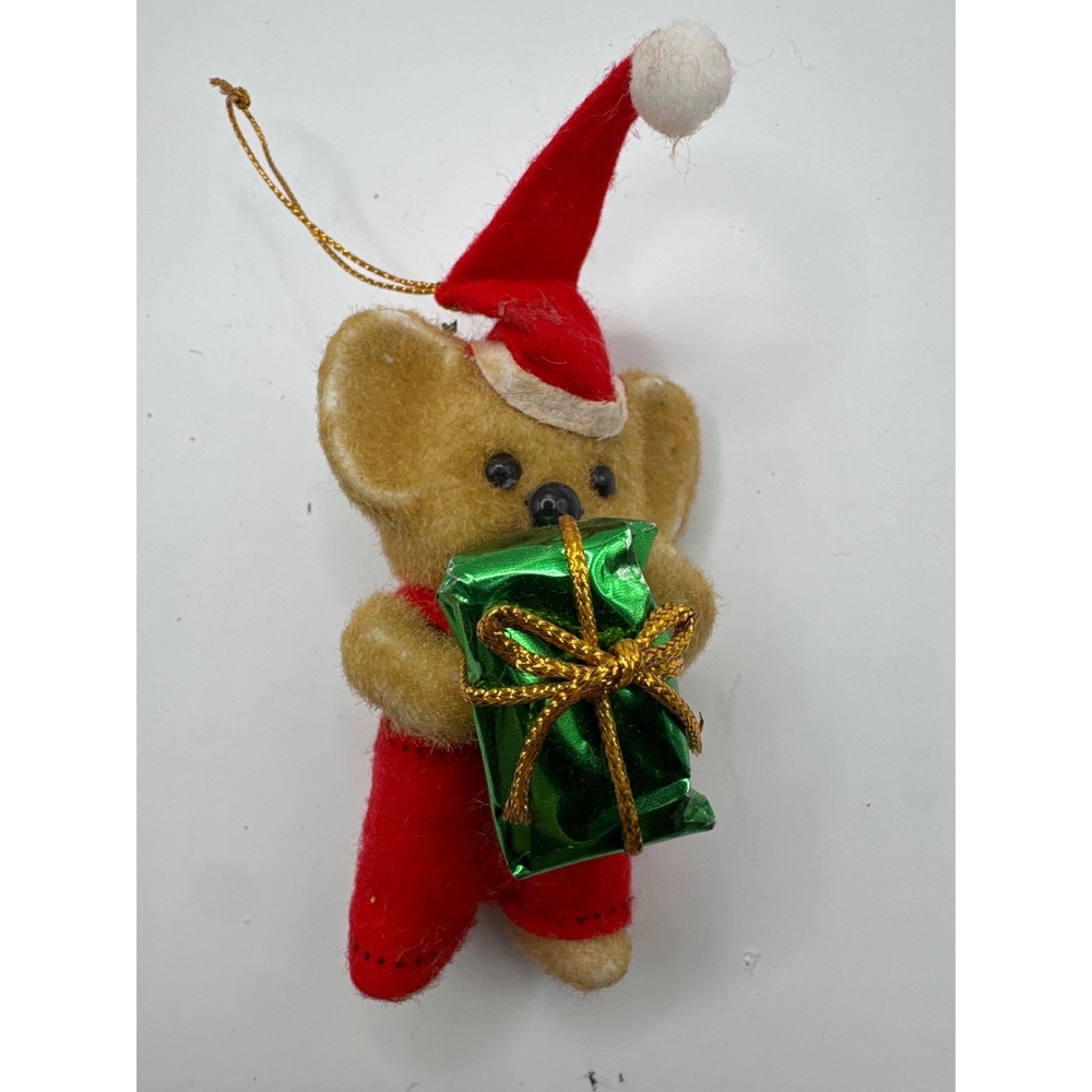 Vintage Flocked Christmas Mouse Ornament Red Santa Hat Green Gift Retro Kitsch